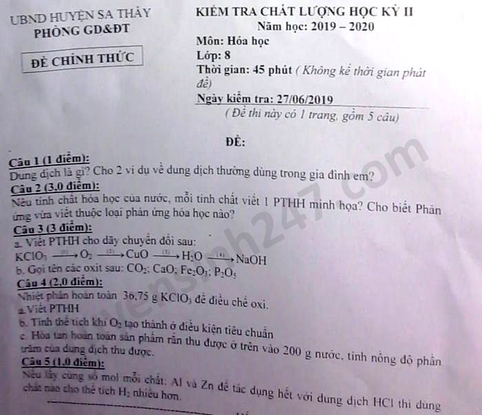 De thi hoc ki 2 mon Hoa lop 8 Phong GD Sa Thay nam 2020