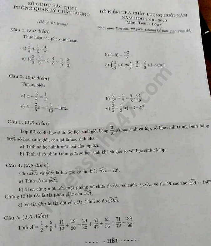 De thi hoc ki 2 mon Toan lop 6 So GD Bac Ninh nam 2020