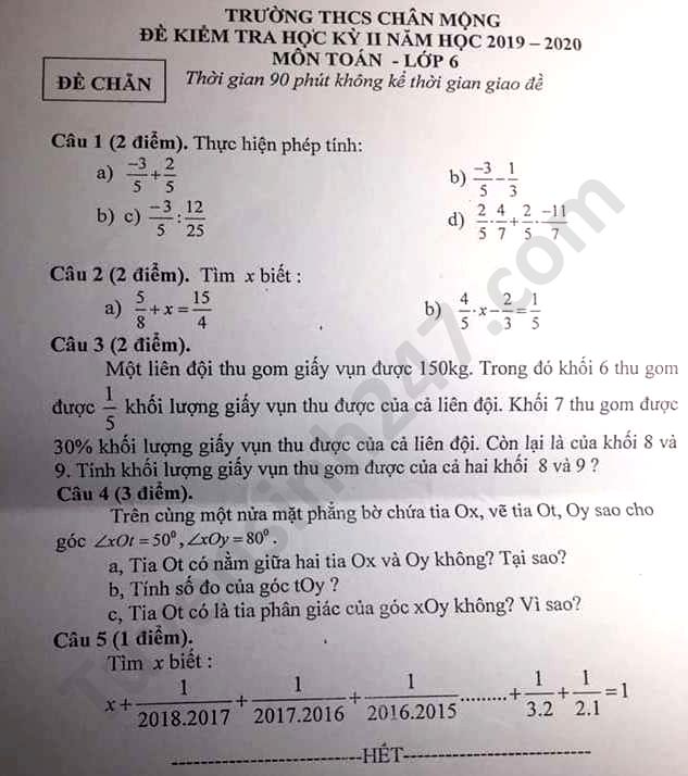 De thi hoc ki 2 mon Toan lop 6 nam 2020 THCS Chan Mong