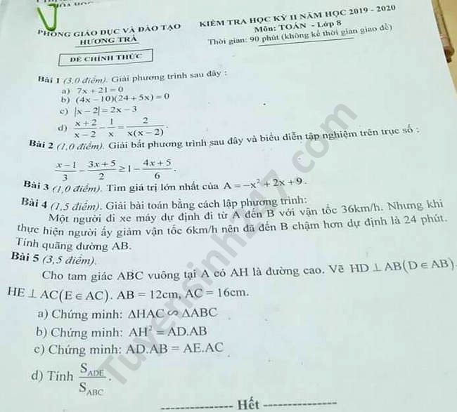 De thi hoc ki 2 Toan lop 8 Phong GD Huong Tra nam 2020