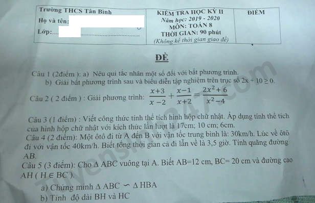 De thi hoc ki 2 Toan lop 8 THCS Tan Binh nam 2020