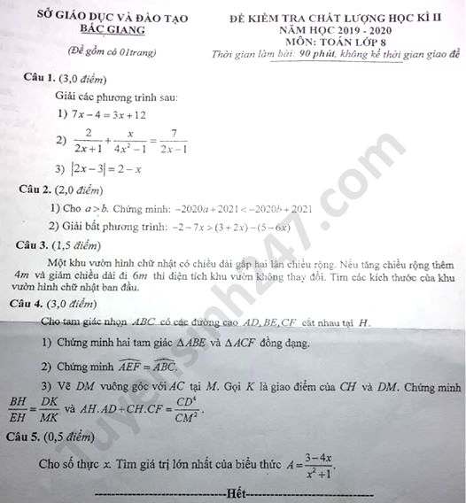 De thi hoc ki 2 mon Toan lop 8 tinh Bac Giang nam 2020