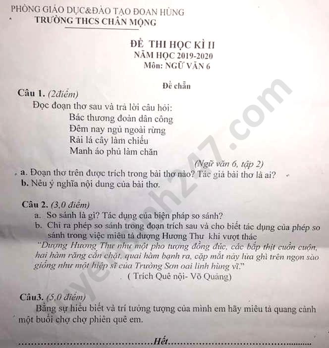 De thi hoc ki 2 lop 6 mon Van nam 2020 THCS Chan Mong