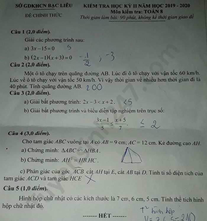 De thi hoc ki 2 mon Toan lop 8 So GD Bac Lieu nam 2020
