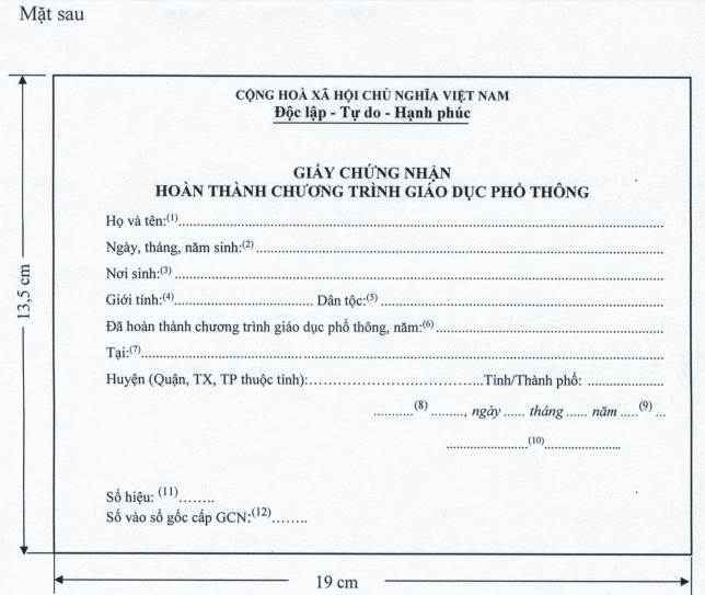 Bo GD cong bo mau giay chung nhan hoan thanh chuong trinh GDPT