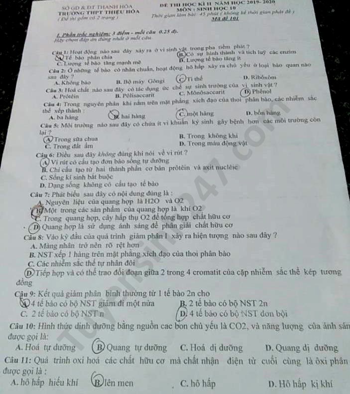De thi hoc ki 2 mon Sinh lop 10 THPT Thieu Hoa nam 2020