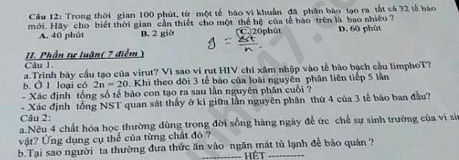 De thi hoc ki 2 mon Sinh lop 10 THPT Thieu Hoa nam 2020