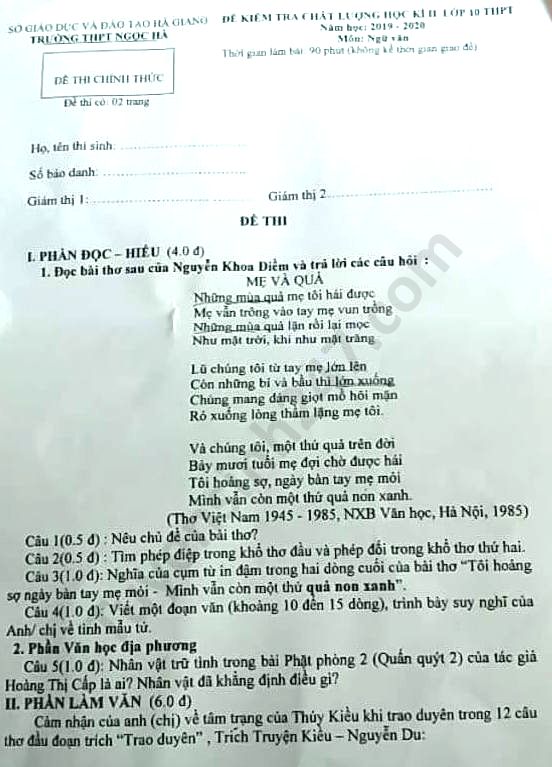 De thi hoc ki 2 nam 2020 mon Van lop 10 THPT Ngoc Ha