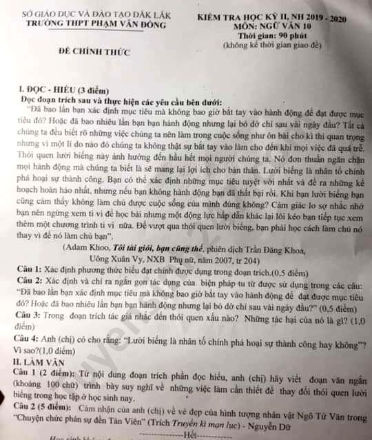 De thi hoc ki 2 mon Van lop 10 THPT Pham Van Dong nam 2020