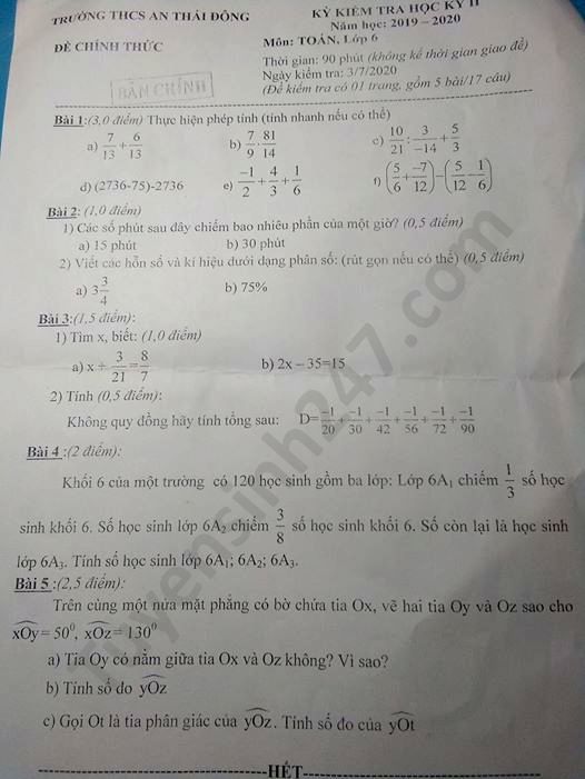 De thi hoc ki 2 nam 2020 mon Toan lop 6 THCS An Thai Dong