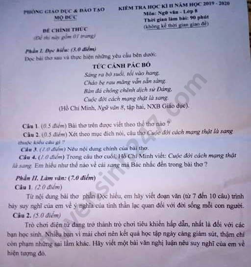 De thi hoc ki 2 Phong GD Mo Duc nam 2020 mon Van lop 8