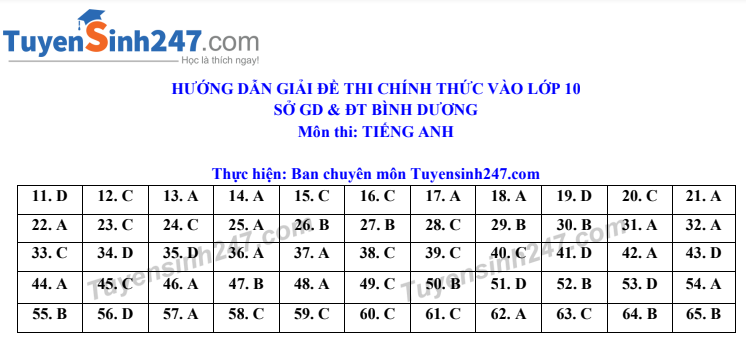 Dap an de thi vao lop 10 mon Anh tinh Binh Duong 2020
