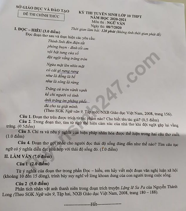 Dap an de thi vao lop 10 mon Van 2020 - tinh Binh Duong