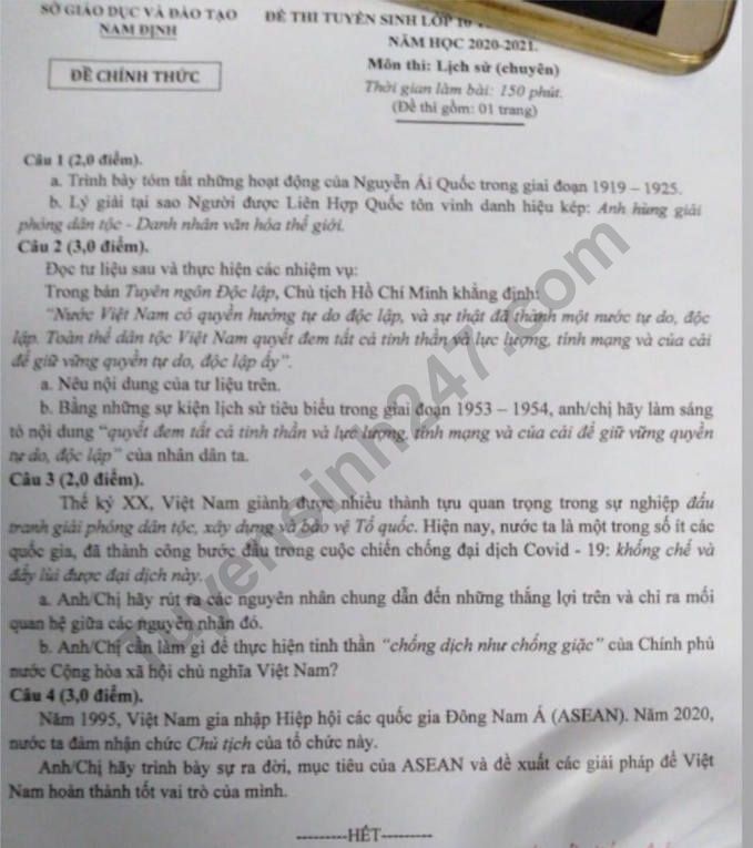 De thi vao lop 10 mon Su Chuyen 2020 - THPT Chuyen Le Hong Phong