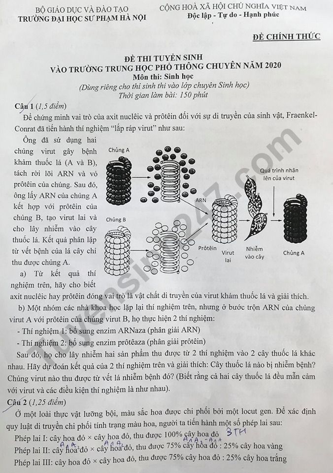 De thi mon Sinh chuyen vao lop 10 nam 2020 - SPHN