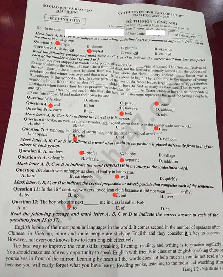Dap an de thi mon Anh nam 2020 vao lop 10 - Hai Phong