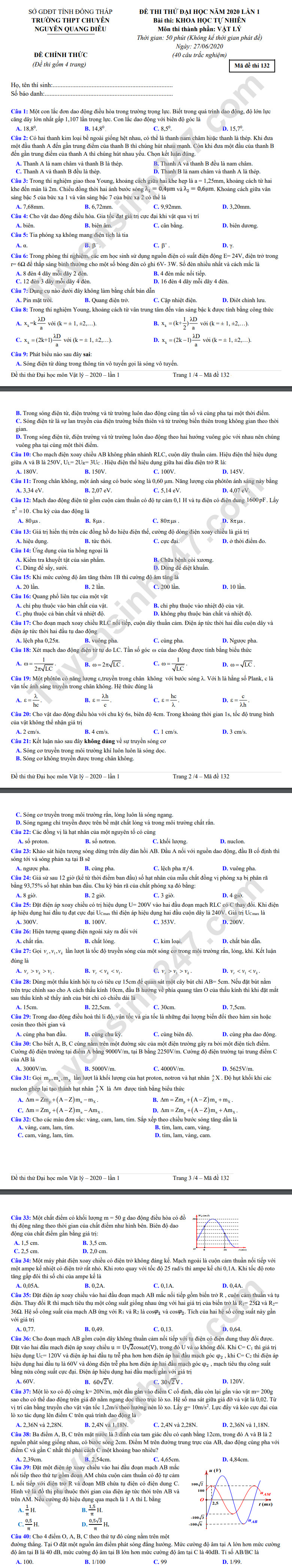 De thi thu THPTQG mon Ly THPT Nguyen Quang Dieu lan 1 2020