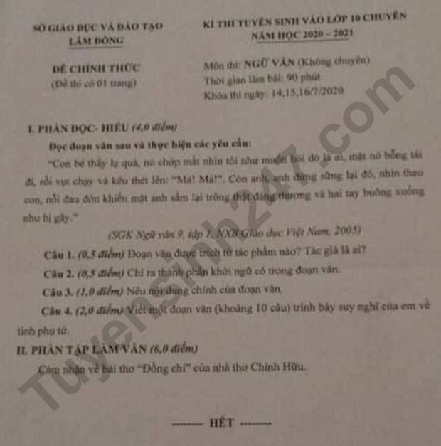 De thi vao lop 10 chuyen mon Van - Lam Dong 2020