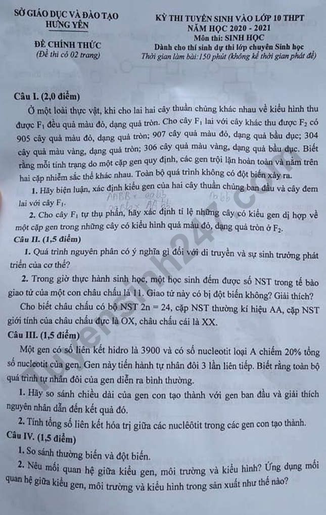 De thi mon Sinh chuyen vao lop 10 - Hung Yen nam 2020