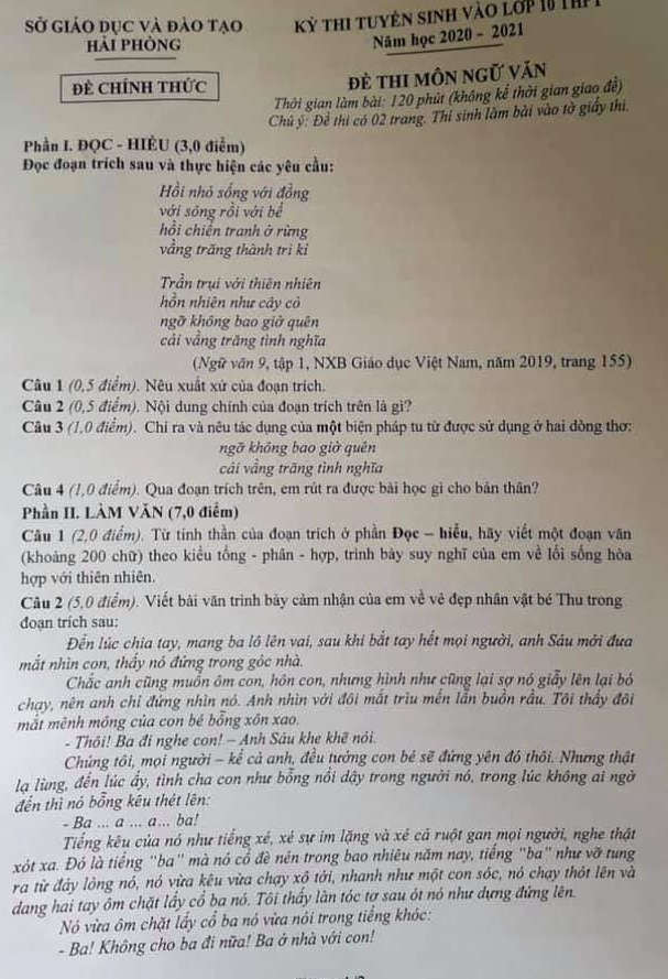 Dap an de thi vao lop 10 mon Van - Hai Phong 2020