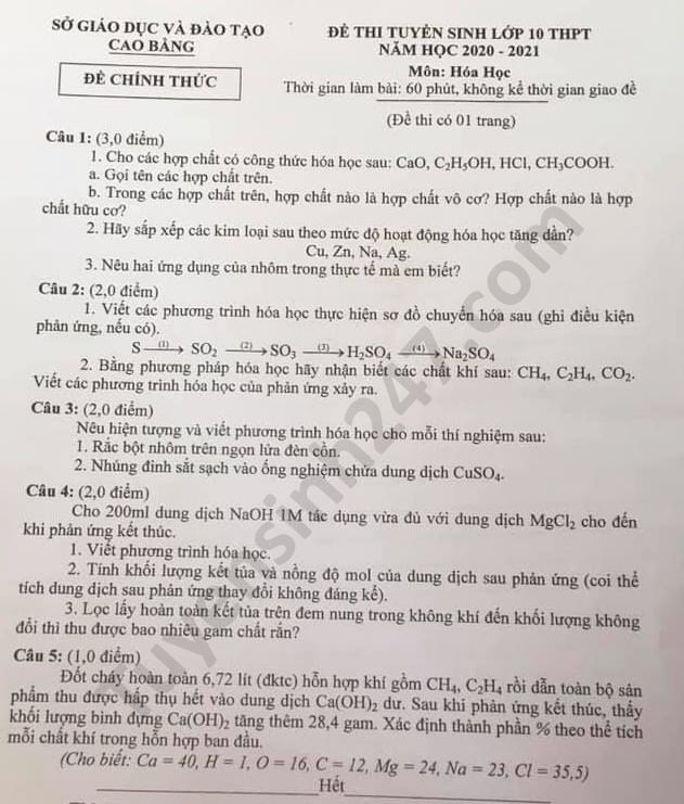 Dap an de thi vao lop 10 nam 2020 mon Hoa tinh Cao Bang