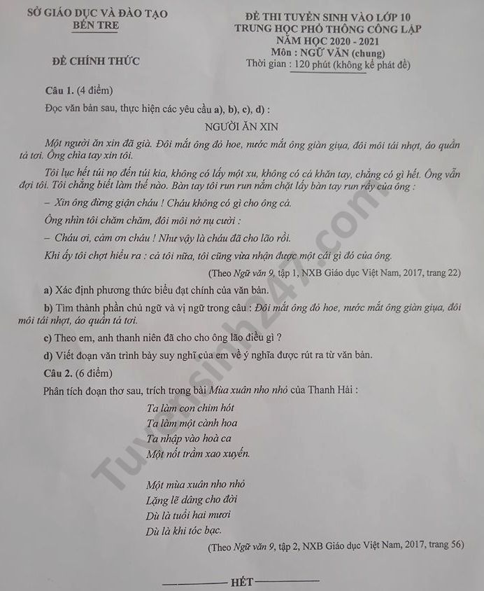 Dap an de thi vao lop 10 nam 2020 mon Van tinh Ben Tre