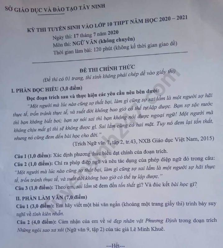 Dap an de thi vao lop 10 mon Van tinh Tay Ninh nam 2020