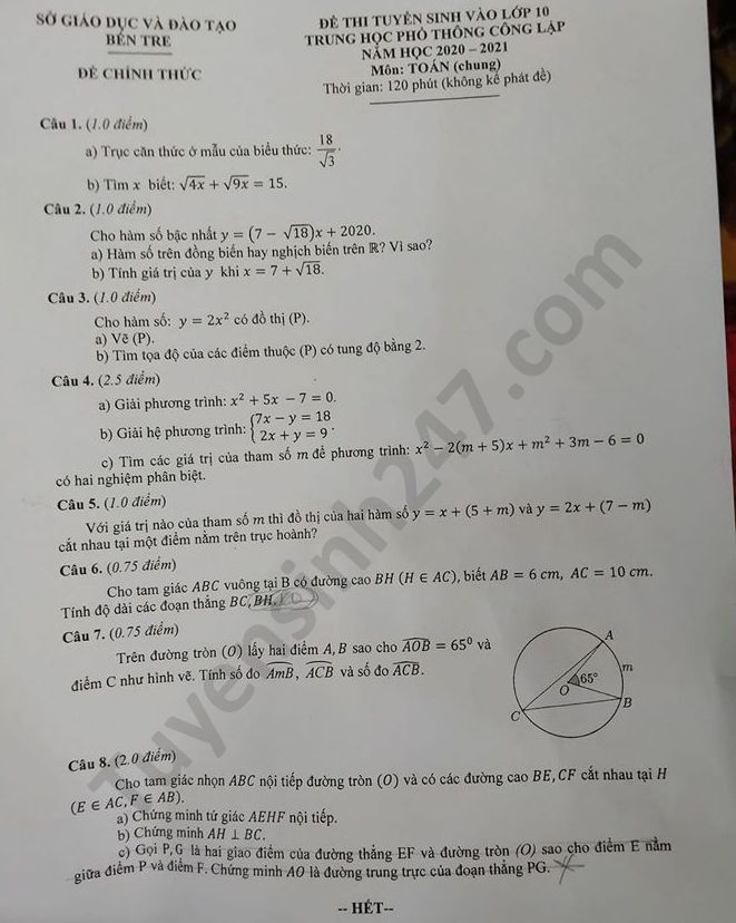 Dap an de thi vao lop 10 tinh Ben Tre mon Toan 2020