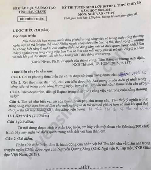 Dap an de thi vao lop 10 mon Van - Hau Giang nam 2020