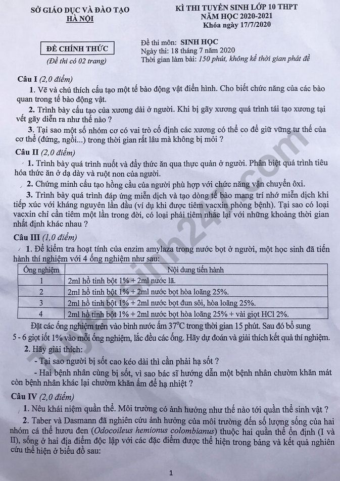 De thi vao lop 10 mon Sinh chuyen Ha Noi 2020