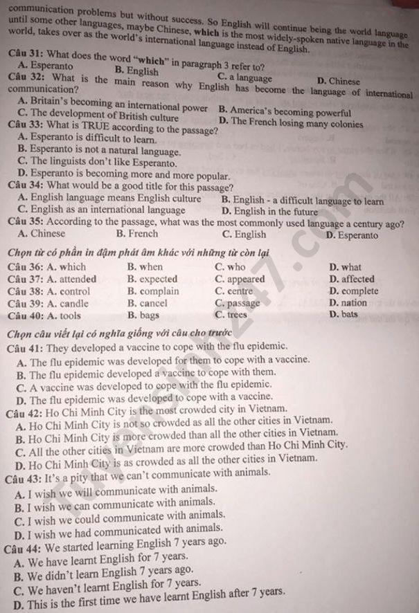 Dap an de thi vao lop 10 tinh Yen Bai mon Anh nam 2020