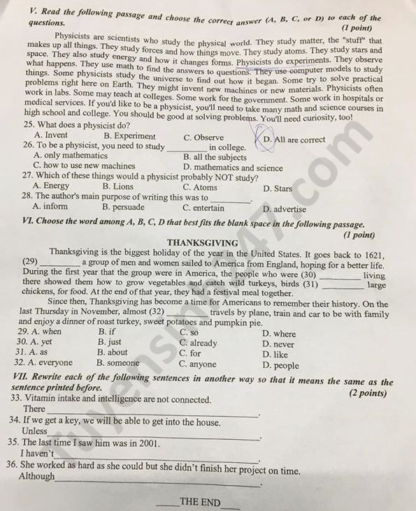 Dap an de thi vao lop 10 mon Anh nam 2020 tinh Phu Yen