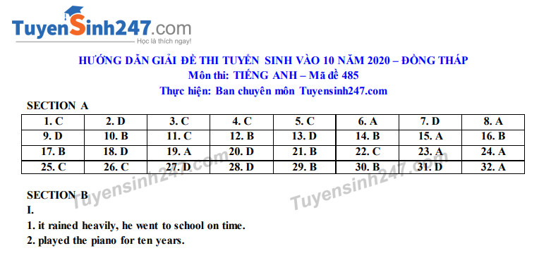 Dap an de thi vao lop 10 mon Anh tinh Dong Thap 2020
