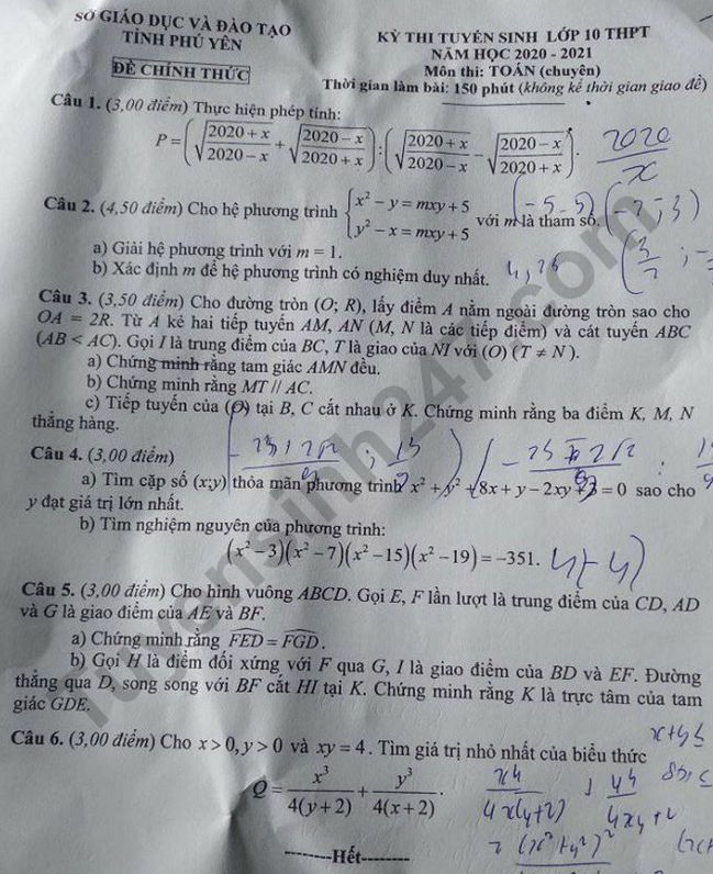 De thi mon Toan chuyen vao lop 10 tinh Phu Yen 2020