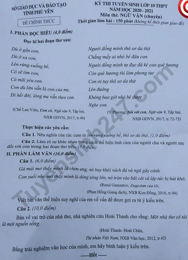 De thi vao lop 10 mon Van chuyen - Phu Yen nam 2020