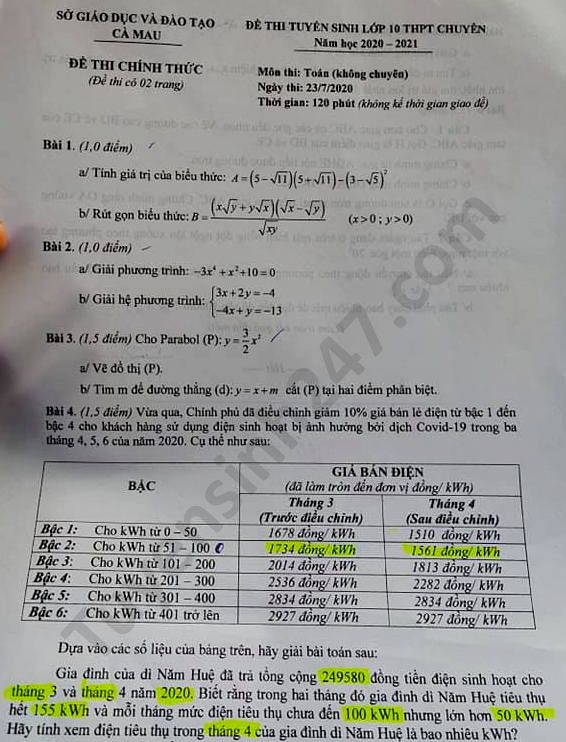 De thi vao lop 10 chuyen mon Toan Ca Mau nam 2020
