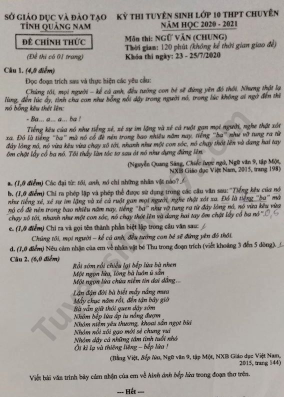 De thi vao lop 10 chuyen 2020 mon Van chung tinh Quang Nam