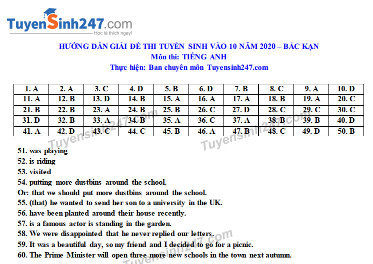 Dap an de thi vao lop 10 nam 2020 tinh Bac Kan mon Anh