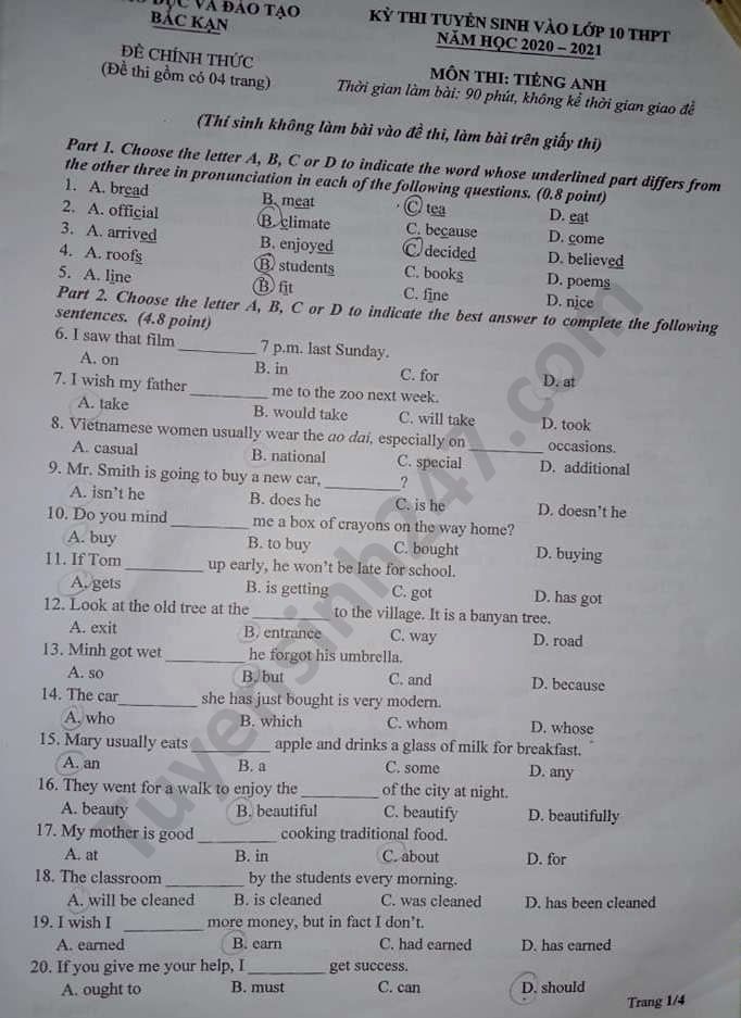 Dap an de thi vao lop 10 nam 2020 tinh Bac Kan mon Anh