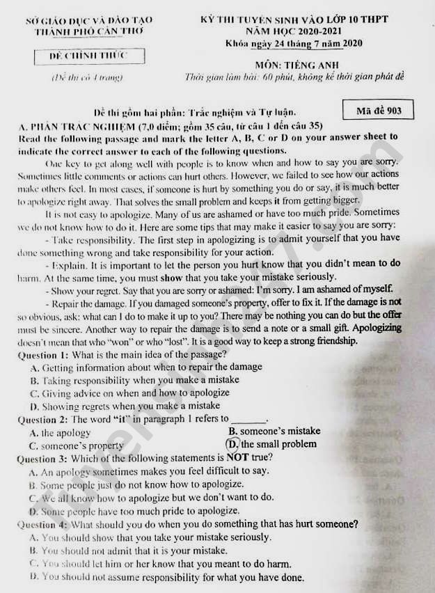 Dap an de thi vao lop 10 mon Anh nam 2020 Can Tho