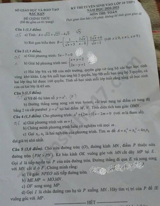 Dap an de thi vao lop 10 nam 2020 mon Toan tinh Bac Kan