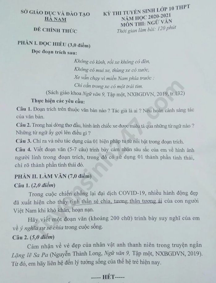 Dap an de thi vao lop 10 nam 2020 mon Van tinh Ha Nam