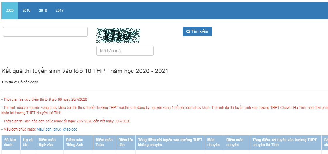 Ha Tinh cong bo diem thi vao lop 10 nam 2020