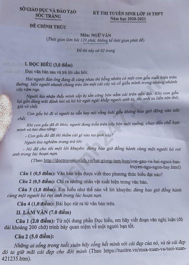 Dap an de thi vao lop 10 nam 2020 mon Van tinh Soc Trang