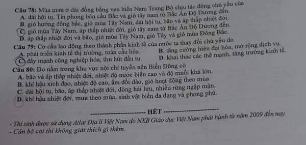 Dap an de thi mon Dia ma de 319 thi Tot nghiep THPT nam 2020