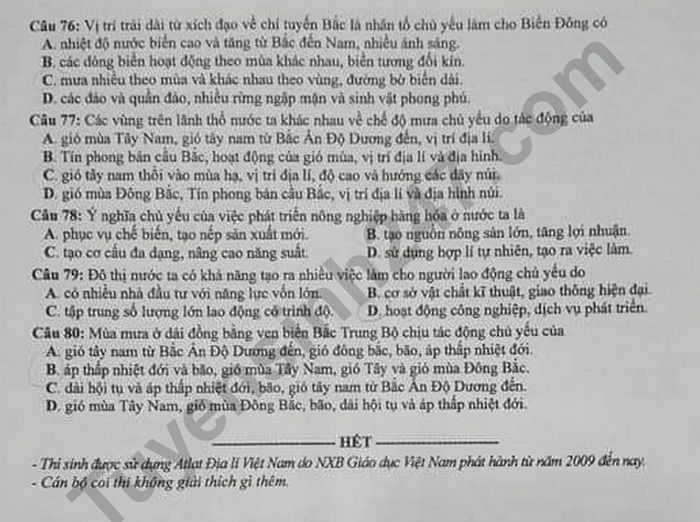Dap an de thi Tot nghiep THPT ma de 308 mon Dia nam 2020