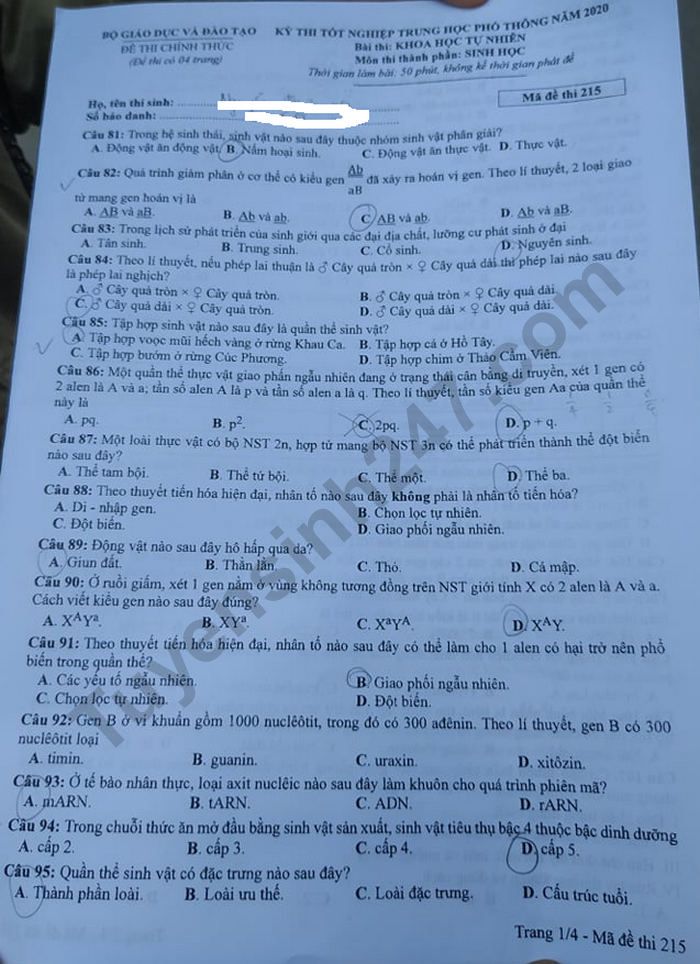 Dap an de thi mon Sinh ma de 215 thi tot nghiep THPT nam 2020