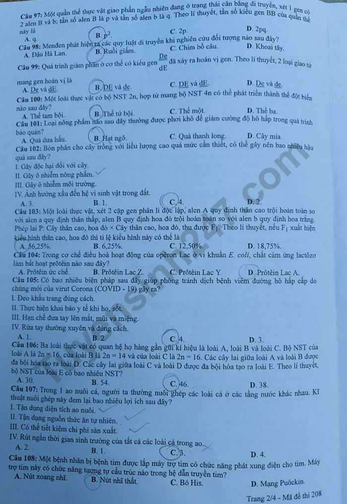 Dap an de thi mon Sinh tot nghiep THPT 2020 ma de 208