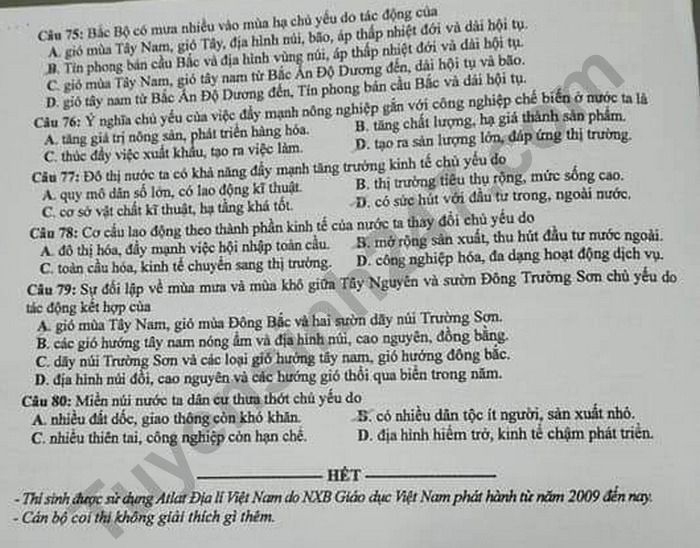 Dap an ma de 307 thi Tot nghiep THPT mon Dia nam 2020
