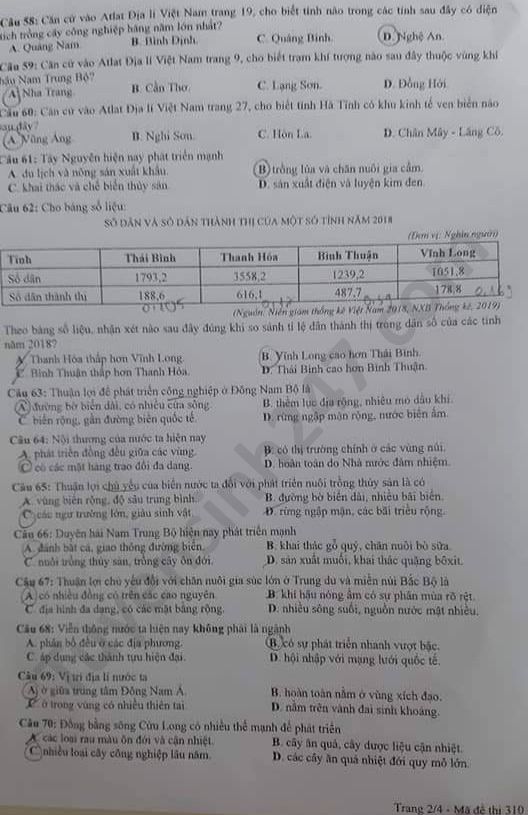 Dap an ma de 310 mon Dia thi Tot nghiep THPT nam 2020
